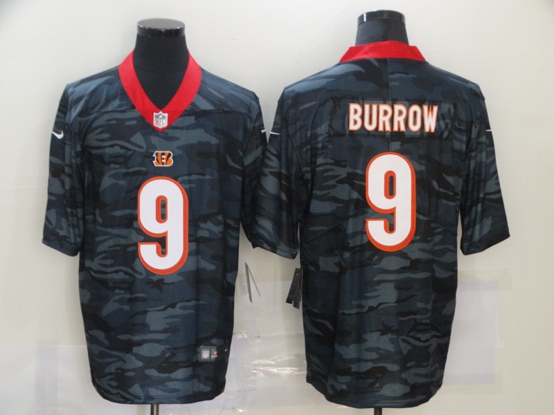 Men's Cincinnati Bengals Joe Burrow #9 Grey Camouflage Jersey